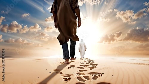 A man walking in the sand following God. Religious theme.