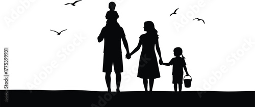 Family silhouette at the beach with seagulls parents, family, parents, children, beach, sea, ocean, vacation, holiday, summer, silhouette, black and white, seagulls, birds, sand, shore, togetherness, 