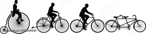 Silhouette illustration showing the historical evolution of the bicycle from the penny-farthing to the modern tandem bike concept, bicycle, evolution, silhouette, history, cycling, series, wheels, pro