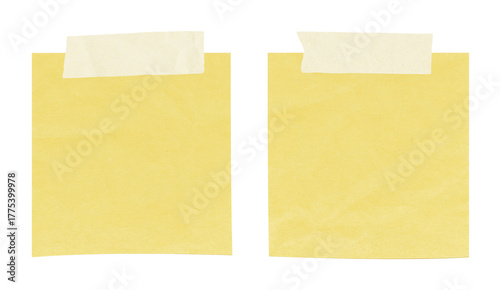 two yellow sticky notes attached with masking tape on transparent background without any shadows or shading minimalist office stationery design concept for note taking reminders organization