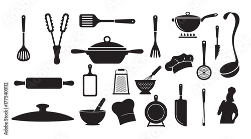 Kitchen Utensil Vector Illustration – Cooking Tools, Chef Hat, Cutlery, Pot, Pan, and Kitchenware Icons.