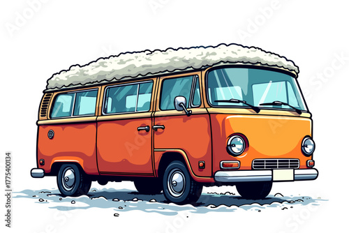 Snow on the bus roof, a cozy travel atmosphere, fun, and a sense of adventure