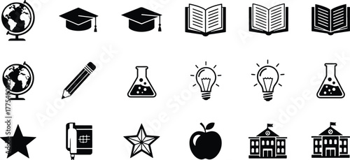 Academic icons present books, globes, mortarboards, and science beakers against a transparent backdrop