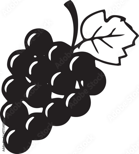 A simple black bunch of grapes with a leaf is displayed nicely