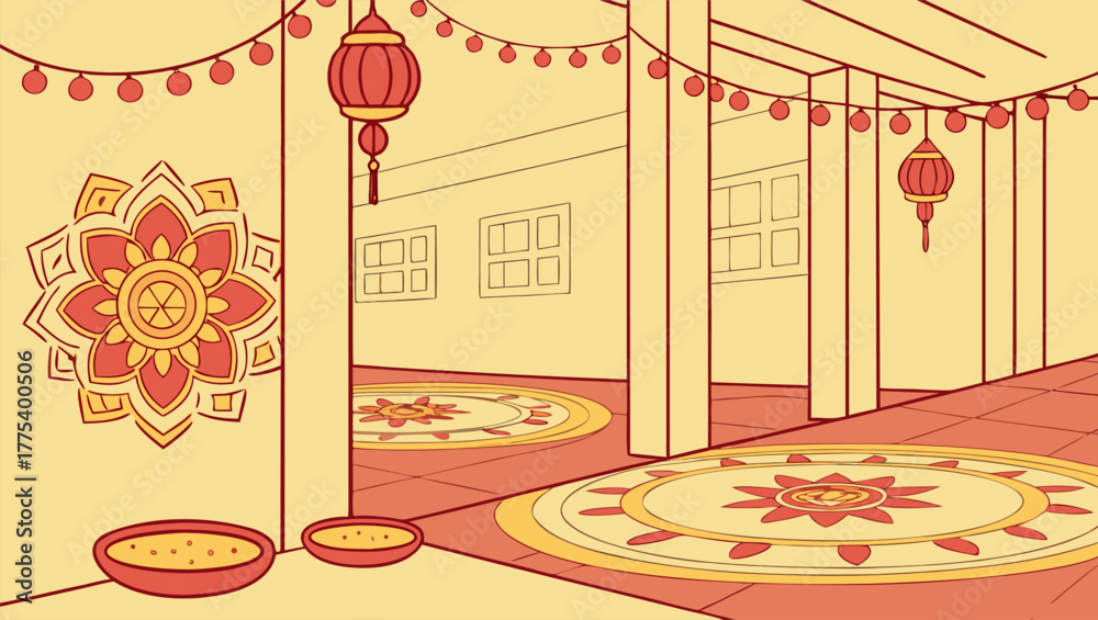 Happy Diwali Mandala Background — intricate golden mandala with shimmering bokeh lights and lamps on a rich magenta and royal blue gradient, elegant and joyful festive atmosphere 