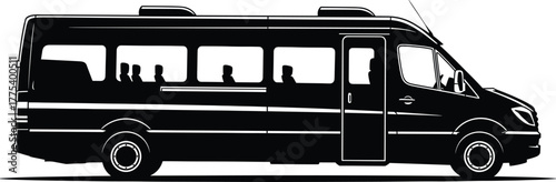 Black Minibus Silhouette Side View Isolated on White Background, Ideal for Transportation and Travel Concepts, minibus, silhouette, transportation, travel, vehicle, wheels, transfer, logistics, van, m