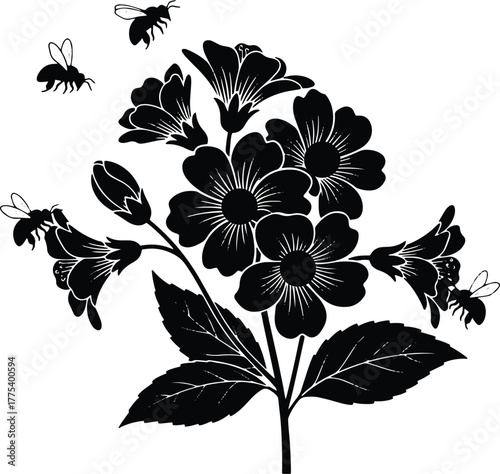 Black silhouette shows bees flying around blossoming flowers with large leaves in full bloom