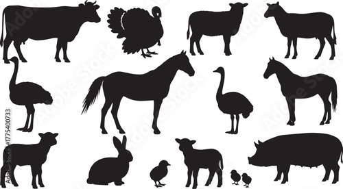Farm animal silhouettes including cow, turkey, sheep, horse, pig, bunny, chicks, and ostrich are featured