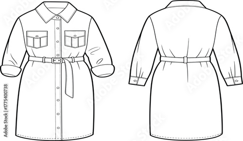 Utility Shirt Dress Technical Flat Sketch Template for Women's Fashion Design, Belted Garment Outline Vector Illustration with Flap Pockets and Rolled Sleeves, Front and Back CAD.