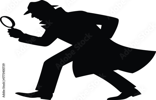 Mysterious detective silhouette investigating clue, magnifying glass examining evidence, private investigator shadow figure, crime investigation concept, searching for answers, solving a mystery.