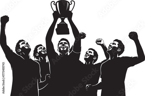 Group of elated people celebrate together, with one person holding up a trophy