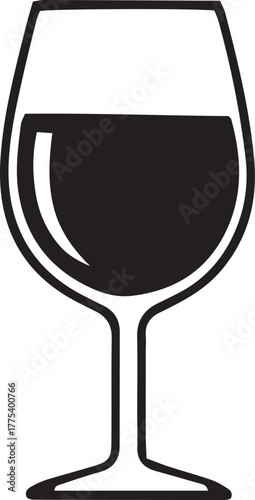 Isolated black outline of elegant wine glass filled with liquid is visible