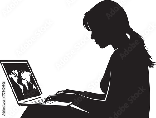 Silhouette of a focused young woman typing on laptop displaying world map information