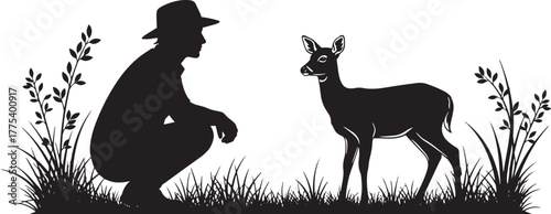 Silhouette of a man in a hat and deer amidst grassy vegetation creates a peaceful scene