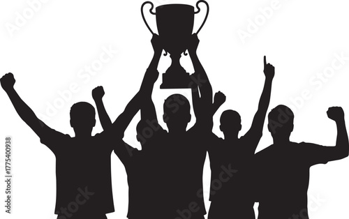 Silhouette of excited team celebrate their victory, holding the trophy high above in triumph