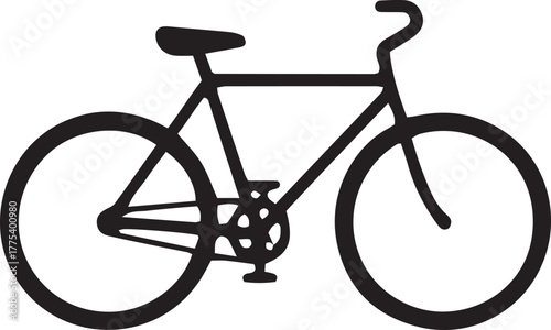 Simple black bicycle features basic frame, wheels, seat, and handle bar over transparent backdrop