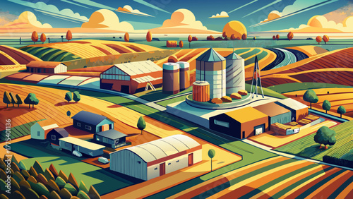 Very beautiful aerial view of agricultural fields and grain storage facilities in Kansas, USA, showcasing vast farmlands, golden crops, and the organized geometry of rural agricultural landscapes.