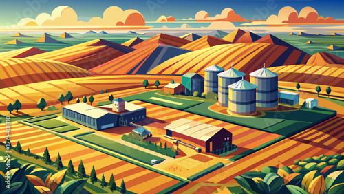 Very beautiful aerial view of agricultural fields and grain storage facilities in Kansas, USA, showcasing vast farmlands, golden crops, and the organized geometry of rural agricultural landscapes.