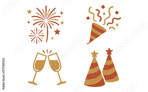 Festive icons: fireworks, party hat, champagne toast, confetti popper in warm tones
