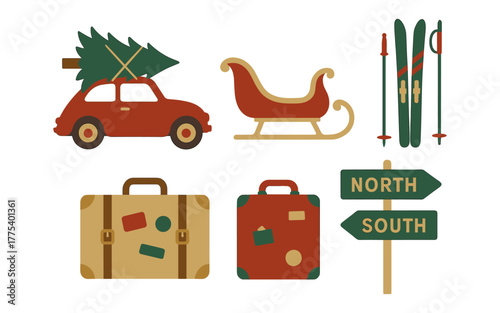 Vintage holiday travel icons featuring retro car, sleigh, and luggage