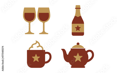 Elegant beverage icons featuring wine, champagne, coffee, and tea in minimalist style