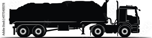 Silhouette of a heavy-duty dump truck loaded with material, truck, dump truck, lorry, heavy vehicle, construction, industrial, transport, material, cargo, load, wheels, tires, engine, cab, trailer, si