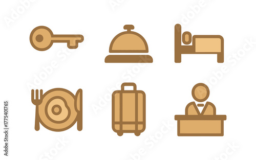 Minimalist hotel icons: room, key, service bell, luggage, dining, reception