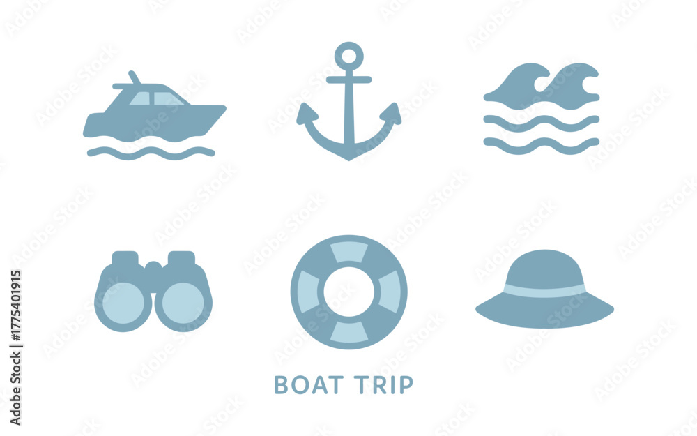 Fototapeta premium Nautical adventure icons: boat, anchor, waves, and more