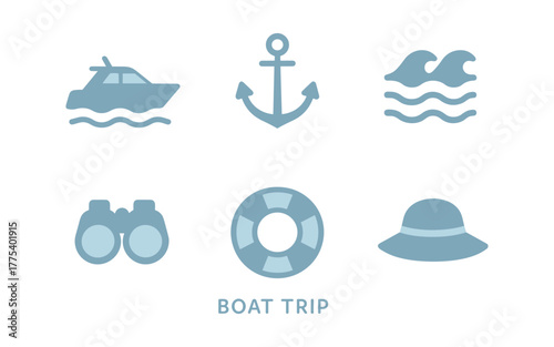 Nautical adventure icons: boat, anchor, waves, and more