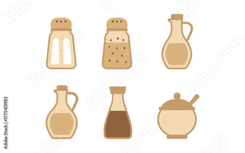 Minimalist kitchen spice and condiment icon set in flat design