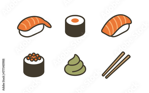 Minimalist sushi icons collection featuring nigiri and chopsticks