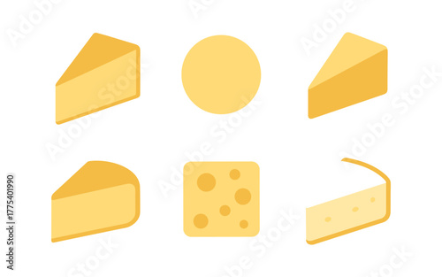 Cheese icons set featuring various types and shapes in simple flat style