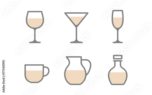 Minimalist beverage icons set featuring wine, coffee, and liquor glasses
