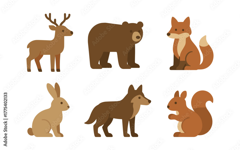 Fototapeta premium Set of simple woodland animal icons featuring fox, bear, deer, rabbit, wolf, squirrel