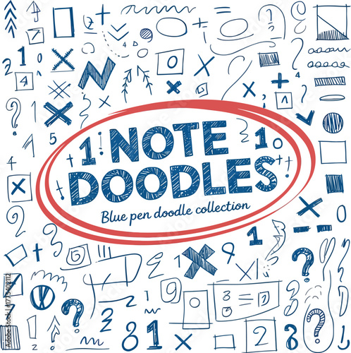 Artistic Notes Collection: An extensive collection of blue pen doodles, encompassing a wide array of symbols, numbers, and whimsical designs.