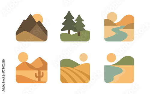 Minimalist geometric nature icons featuring mountains, trees, rivers, and desert scenery