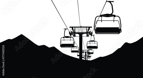 Silhouette of a ski lift with chairs on a mountain landscape, ski lift, chairlift, mountains, silhouette, snow, winter, ski resort, transportation, cable car, aerial tramway, peak, slope, landscape, w