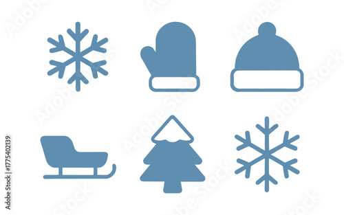 Winter icons: snowflake, mitten, hat, sleigh, tree in minimal flat style
