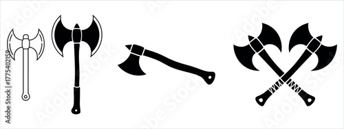 Fearsome Outline Silhouette Battle Axe Icon Set. Isolated vector graphics representing Warfare, Medieval Weapons, Strength, Viking, Gaming, and Historical concepts on a white background.