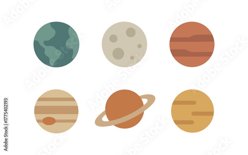 Minimalist planetary set with earth, moon, and planets in flat design style