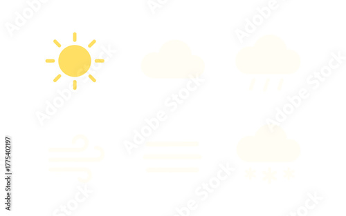 Minimal weather icons set: sun, cloud, rain, wind, fog, snow in flat design