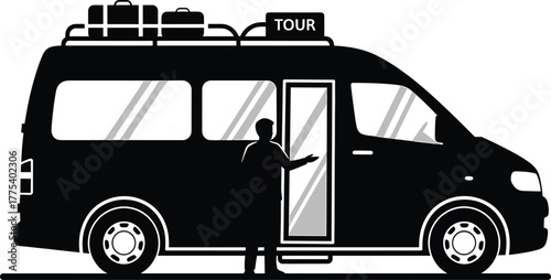 Silhouette of a tour van with luggage and a person, van, tour, travel, transport, luggage, suitcase, person, silhouette, black and white, vehicle, transportation, tourism, vacation, trip, journey, dri