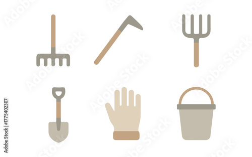 Flat design garden tools set: rake, hoe, pitchfork, shovel, glove, bucket