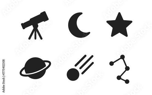 Silhouette astronomy icons featuring telescope, moon, and celestial bodies