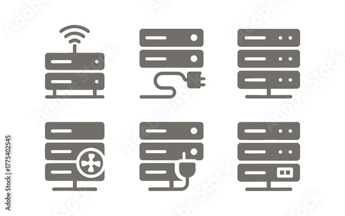 Minimalist data server icons set with connectivity and power elements
