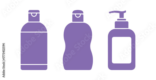 Bottle icon collection. Cosmetic assortment. Features cream, shampoo, and gel. Mockup style. Colorful silhouettes. Front-facing view. Simple vector graphic illustration. 