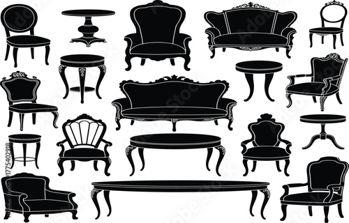 Elegant Black Silhouette Vector Set of Antique Classic Furniture, Including Vintage Sofas, Chairs, Tables, and Stools, Perfect for Royal Interior Design Concepts.