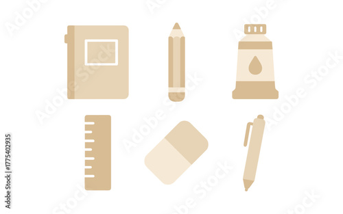 Minimalist school supplies set featuring pencil, notebook, and paint tube