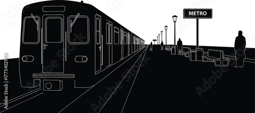 Subway train at a station with people and metro sign, subway, train, metro, station, platform, people, passengers, waiting, public transport, transportation, urban, city, underground, rails, tracks, s