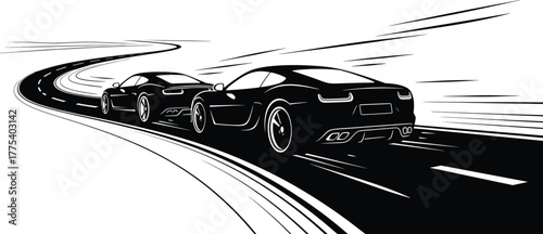 Two sports cars racing on a winding road speed, cars, sports cars, racing, speed, road, highway, motion, movement, dynamic, silhouette, black and white, graphic, design, competition, chase, fast, powe
